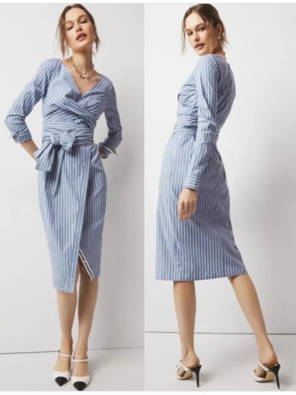 NEW WHBM Poplin Twist-Front Midi Shirt Dress Blue White Stripe Size 4